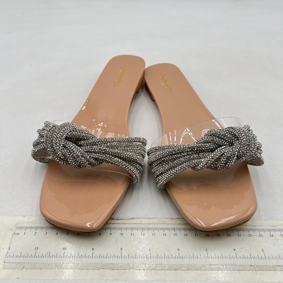 XYD Nude Shiny Rhinestone Straps Slide Sandals Sparkle Fancy Open Toe Slippers - Picture 3 of 8